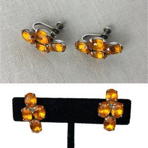 Vintage Sterling Silver Yellow Amber Rhinestone Screw Back Earrings